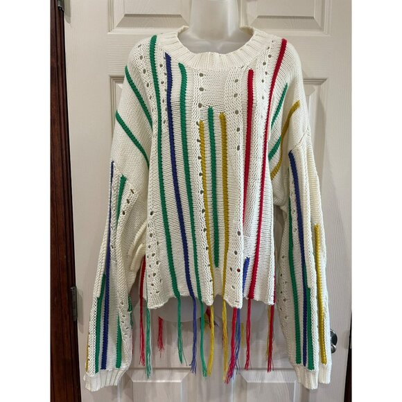 Davi & Dani Multicolor Fringe Knit Sweater L Relaxed Fit Long Sleeve Ivory - Picture 11 of 11